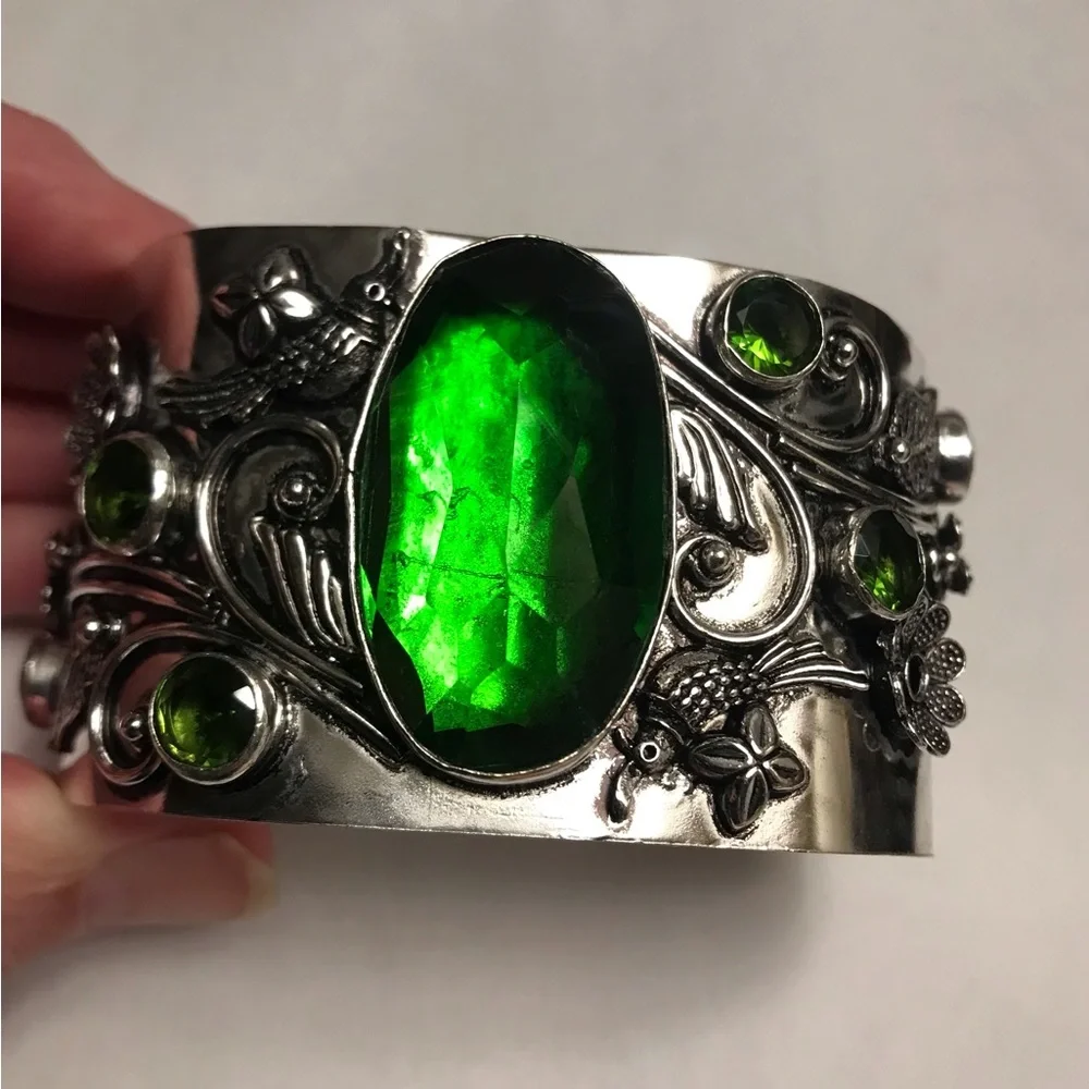 Peridot Stamped Solid 925 Sterling Silver Cuff Bracelet